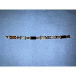 DBJ Multi Color Jade Barrel Link Bracelet 925 Sterling Silver Gold Tone Chinese